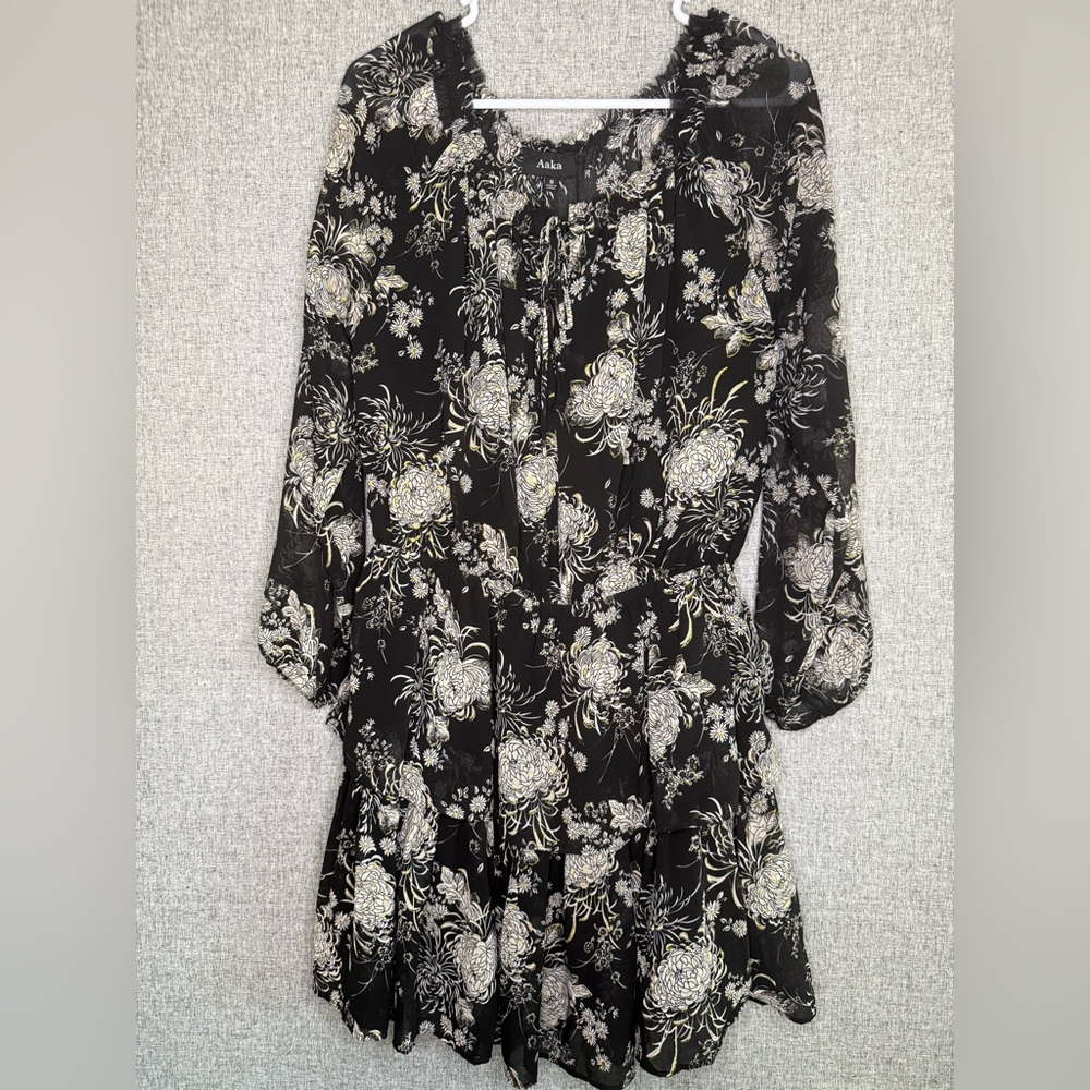 Aakaa Black White Gold Metallic Floral Long‎ Sleeve Babydoll Ruffle Dress Small